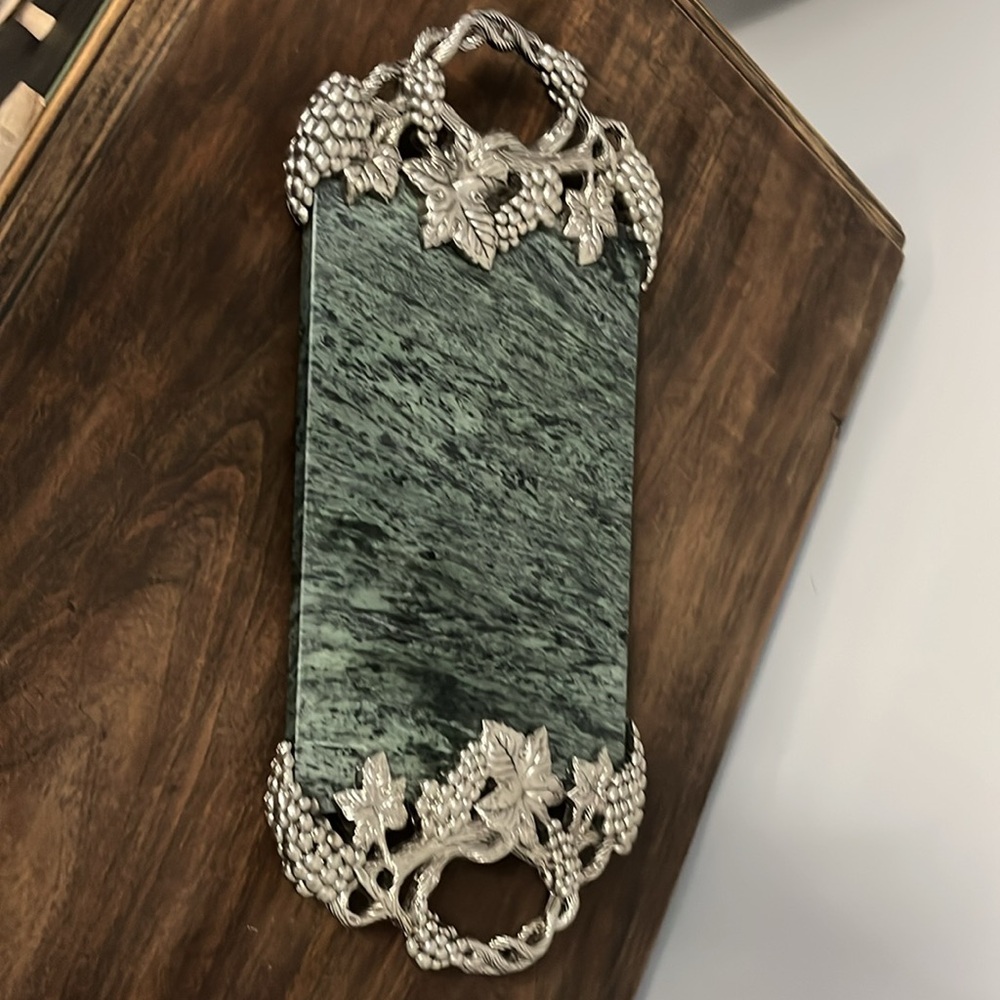 Godinger Grape Design Marble Tray with Silver Plated Handles